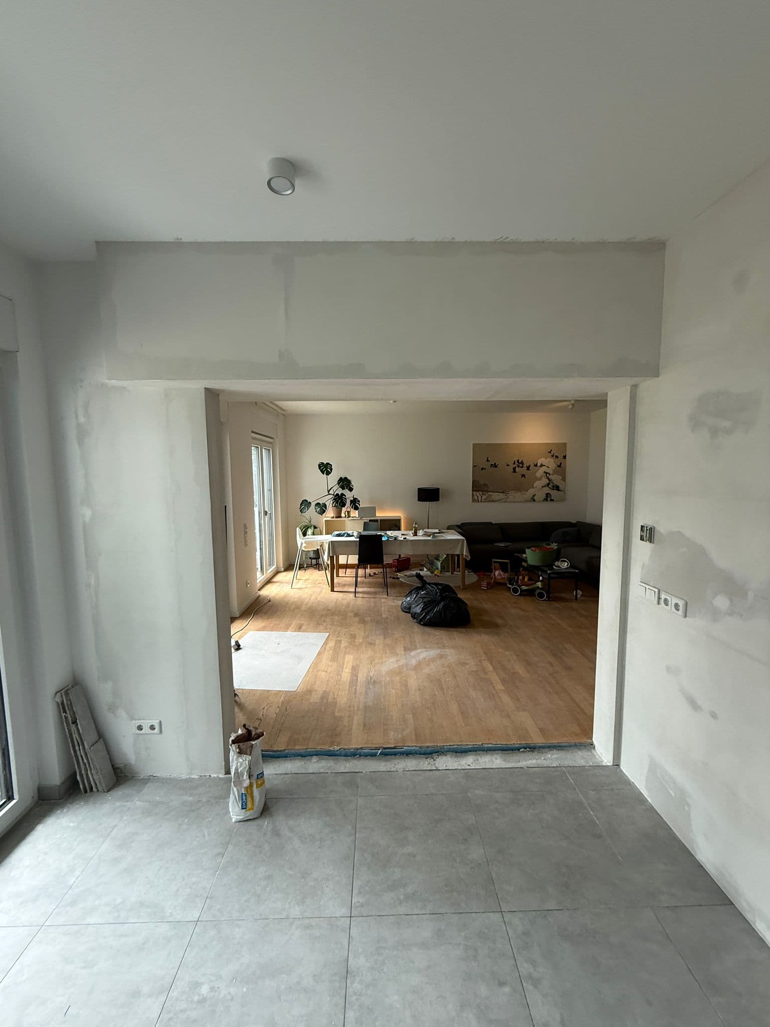 Nachher: durchgehender Wohnraum mit Pflanze und Sofa